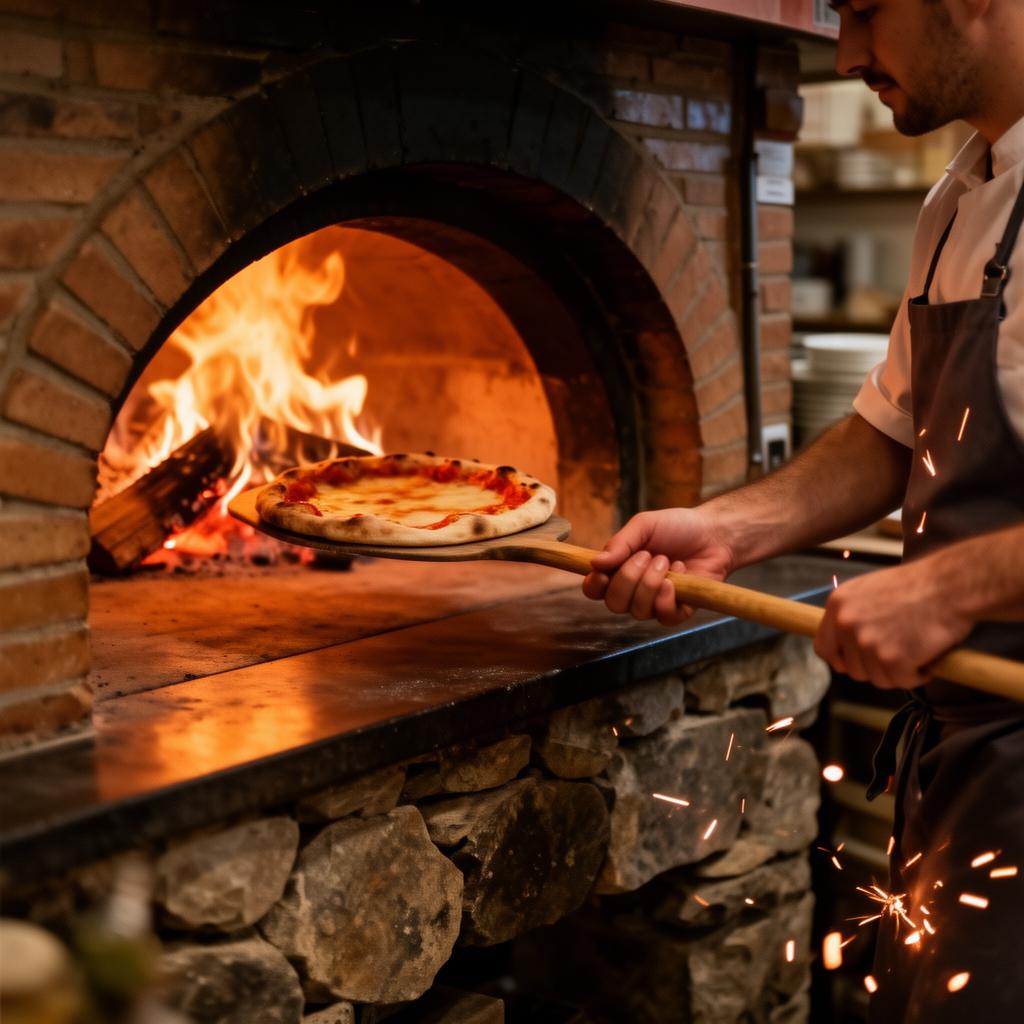 Pizzaiolo metiendo una pizza en el horno de leña
